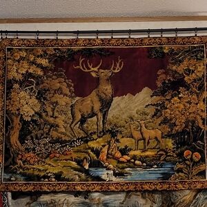 70's Burgundy Woodland Stag Tapestry Wall Decor